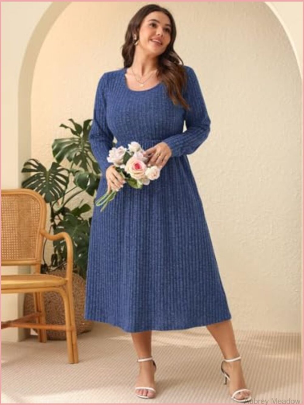 Plus Size Sweater Dress with Pockets Long Sleeve Midi Scoop Neck Casual - Picture 3 of 7